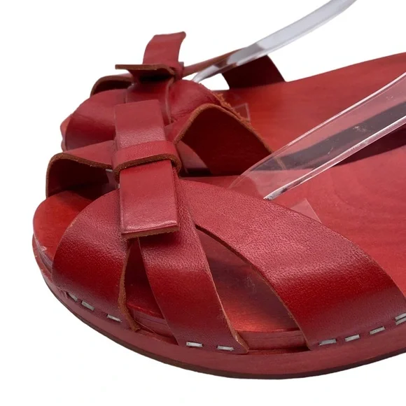Swedish Hasbeens Sandal Red Leather Clog Bow Buckle Wood Size 8.5 - Picture 4 of 15